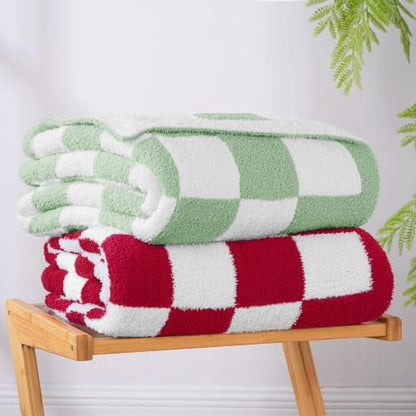 Exclusivo Mezcla Checkered Knit Blanket Twin Size for Bed, Sage Green - color: Sage Green, size: Twin (60"x80")