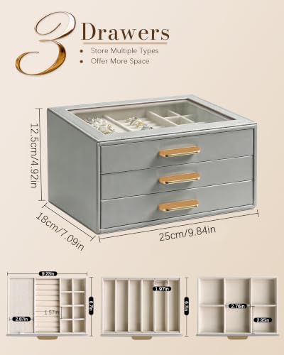 Homeanda Jewelry Boxes Organizer with Glass Lid, 3-Layer PU Leather, Grey - color: Grey, size: 3 Layer