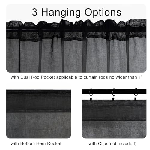 DWCN Sheer Curtain Valance - Linen Look Window Curtains for Bathroom Kitchen Cafe - Rod Pocket Semi Sheer Drapes, Black, 1 Panel, 42 x 18 Inch - color: Black, size: 42"W x 18"L (Pack of 1)