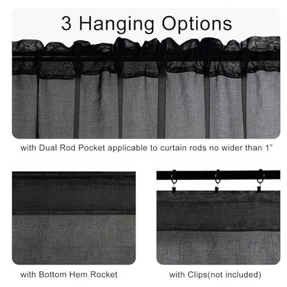 DWCN Sheer Curtain Valance - Linen Look Window Curtains for Bathroom Kitchen Cafe - Rod Pocket Semi Sheer Drapes, Black, 1 Panel, 42 x 18 Inch - color: Black, size: 42"W x 18"L (Pack of 1)