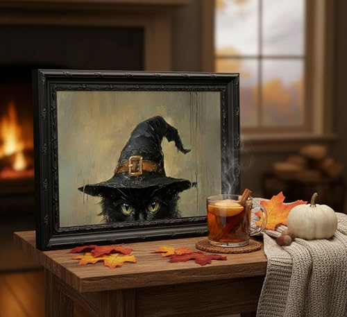 Framed Vintage Black Cat Wall Art,Black Cat in Witch Hat Canvas Painting,Gothic Halloween Poster Prints,Dark Academia Picture Wall Decor for Living Room Bedroom 12x16in - color: Wizard cat, size: 16"L x 12"W