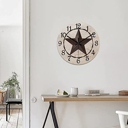 Round Farmhouse Wall Clock Western Texas Star Classic Style Wood Clock Silent Non-ticking Battery Operated Easy to Read Antique Wall Hanging Desk Clock for Living Room Kitchen Farmhouse 12 Inch - color: Style, size: 12in