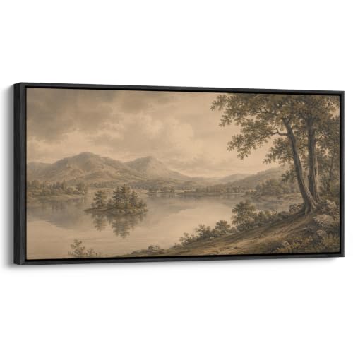 wall26 Extra Large Framed Wall Art Canvas Print - Sepia Antique Vintage Lake Mountain - Contemporary Artwork for Living Room Bedroom Office - 60"x30" Black - color: A07-2607-ANG15, size: 60"L x 30"W, style: Black Frame