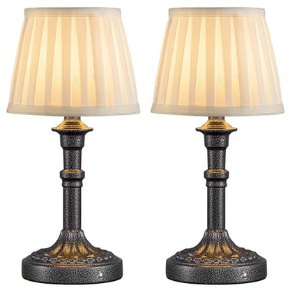 KDG Mottled Silver Cordless Table Lamps Set of 2, Beige Fabric Shade Light - color: Mottled Silver + Fabric Lampshde (2 Pack)