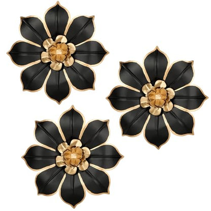 Villa Como Set of 3 Black and Gold Metal Flowers Wall Art Decor 10" - color: # 3 Black and Gold