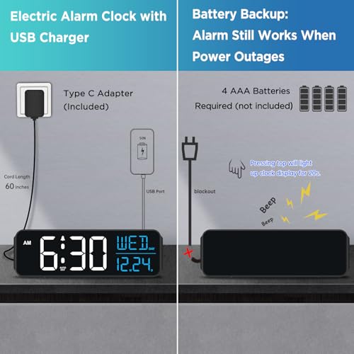 Peakeep Large Display Digital Alarm Clock for Bedroom with Date Day of Week - color: White and Blue