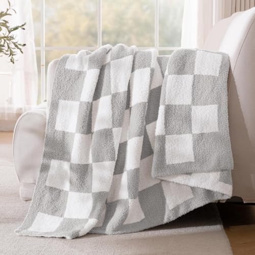 Exclusivo Mezcla Checkered Knit Throw Blanket for Couch, Light Grey - color: Light Grey, size: Throw (50"x60")