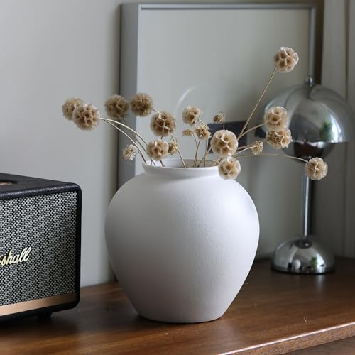 Large Matte White Ceramic Flower vase, Modern Centerpiece Table Decorations,Round Shape Rustic Ceramic vases for Home Decor Dining Room Decorative Jar (White, 0617) - color: White, size: 0617