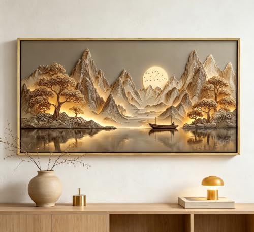 Framed 3D Texture Large Landscape Sunrises Sunset Canvas Wall Art Abstract Mountains Lake Tree Painting Picture Wall Decor Modern Nature Scenery Poster Print Artwork for Living Room Office - color: Sunrise and Sunset Framed, size: 40"L x 20"W