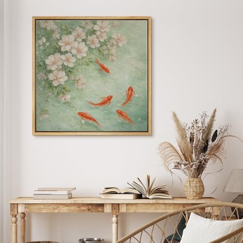 MUDECOR Framed Canvas Print Wall Art Pastel Green Koi Fish & Cherry Blossom Feng Shui Floral Illustrations Modern Art Group Colorful for Living Room, Bedroom, Office - 16"x16" NATURAL - color: B09-2604-M29, size: 16"L x 16"W