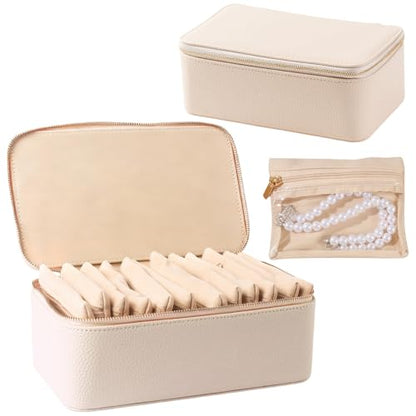 Travel Jewelry Case with 12 Velvet Zipped Pouches Bags, Beige - color: Beige - 12 Pouch
