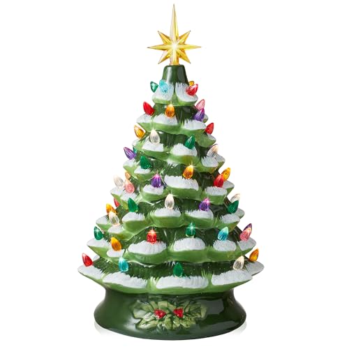 Casafield Hand Painted Ceramic Christmas Tree, Green Snow Flocked 15-Inch Pre-Lit Tree with 128 Multi-Color Lights and 2 Star Toppers - color: Green Snow Flocked