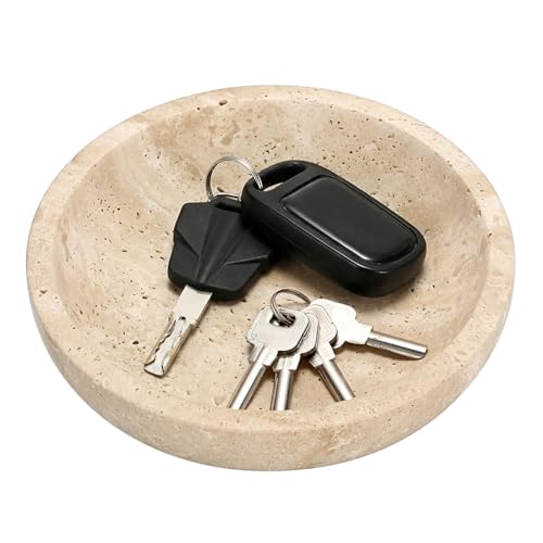 Hipiwe 7.9" Round Key Bowl for Entryway Natural Travertine Stone Tray - color: Beige, size: 7.9" x 7.9" x 2"