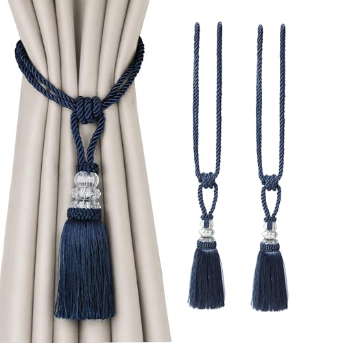 BEL AVENIR 2 Pack Curtain Tiebacks Hand-Woven Holdbacks Tassels Tiebacks - color: Navy, size: 2 Pack