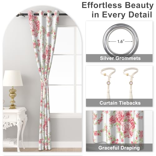 Pink Rose Spring Curtains for Girls Bedroom, Cute Floral Blackout Curtains for Bedroom and Nursery, Room Darkening Thermal Living Room Bedroom Curtains 84 Inch Length 2 Panels Set with Tiebacks - color: Pink Roses