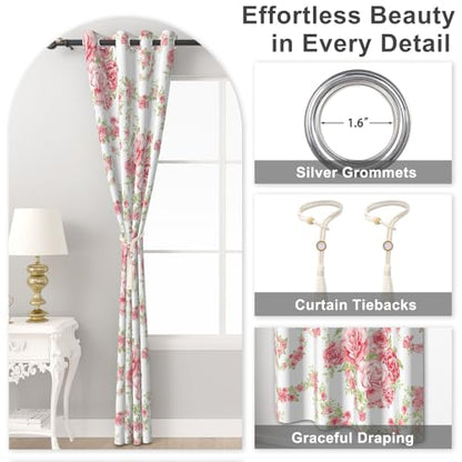 Pink Rose Spring Curtains for Girls Bedroom, Cute Floral Blackout Curtains for Bedroom and Nursery, Room Darkening Thermal Living Room Bedroom Curtains 84 Inch Length 2 Panels Set with Tiebacks - color: Pink Roses