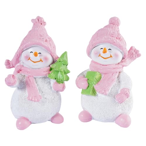 2-Piece Winter Home Decor Resin Snowman Figurines, Pink - color: Pink