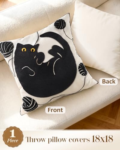 Animal Embroidered Throw Pillow Cover 18x18 Inch, Black Cat Yarn - color: Cat Ball, size: 18" x 18" (Pack of 1)