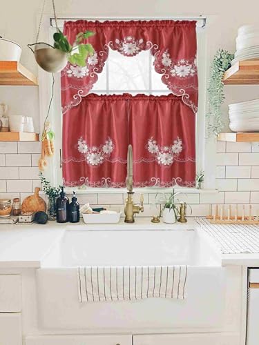 Generic 3-Piece Set Embroidered Window Curtain 2 Panels 1 Valance for Kitchen Restaurant Bar BR (Burgundy BR-14) - color: Burgundy Br-14