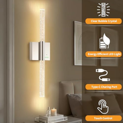 Battery Operated Wireless Wall Sconces, 2 Pack Dimmable Wall Lighting - color: Nickel