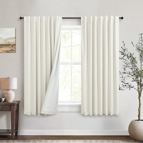 DANCURTON 100% Blackout Linen Curtains 45 Inches Long 2 Panel Short Length Kitchen Curtain for Small Window Treatment Basement Cafe Thermal Insulated Energy Efficient Drapes for Bedroom Bathroom Cream - color: Natural, size: 52"W x 45"L (Pack of 2)