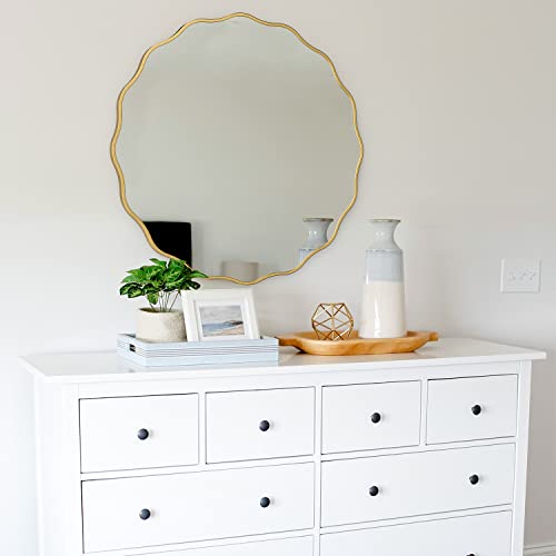 20" Gold Scalloped Mirror,Round Wavy Edge Mirror,Circle Wood Vanity Mirror