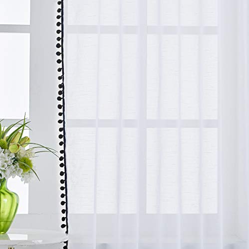 Sheer White Curtains with Black PomPom Trim for Living Room 52x84"Drape 2pc - color: White - Black, size: 52"W x 84"L (Pack of 2)