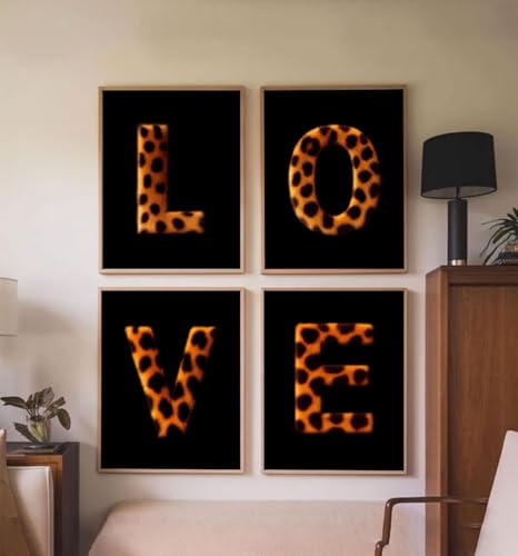 BWDDWB Leopard Print Wall Art 'LOVE' Sign, Furry Textured Canvas Posters Prints, Modern Black and Orange Home Decor for Living Room Bedroom Valentine's Day Gift 16" L x 12" W Set of 4 Unframed - color: Love Leopard, size: 16"L x 12"W