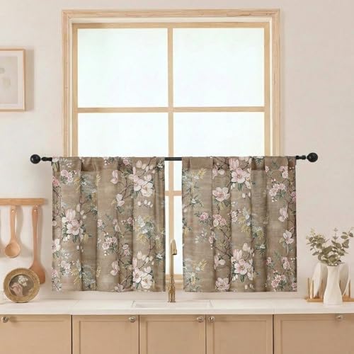 Aiyufeng Floral Tiers Curtains 24 Inch Length for Kitchen, Flower Patterned Soft Airy Light Filtering Country Style Rod Pocket Small Window Treatments Short Drapes, W30 X L24 Inch, Taupe - color: Taupe, size: 30"W x 24"L (Pack of 2)