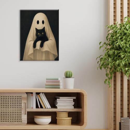 Halloween Wall Art Decor Ghost Holding Black Cat Canvas Print Framed - color: H