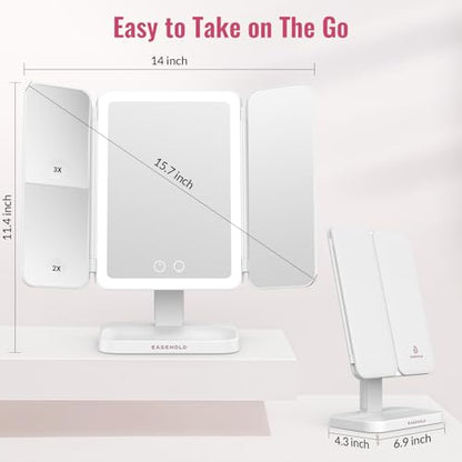 EASEHOLD 2000mAh Rechargeable Lighted Makeup Vanity Mirror, Foldable 64 LED - color: Cool White-2000 Mah Rechargable