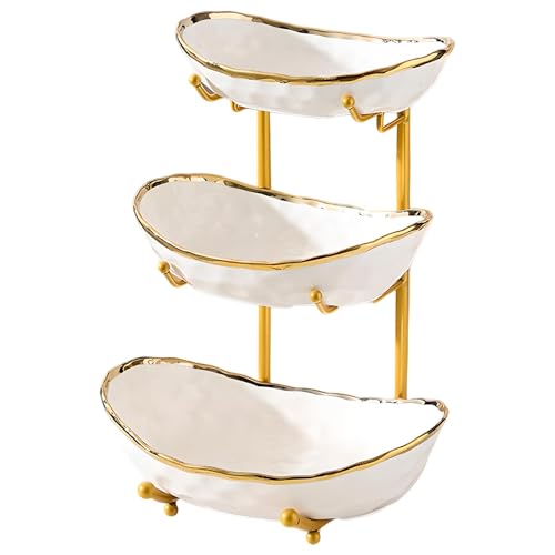 XUDREZ 3 Tier Fruit Bowl with Metal Stand for Kitchen Counter, Ceramic White Gold Silver, Tiered Fruit Basket for Nuts, Snacks, Bread, Candy Storage (White A) - color: White A