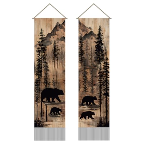 AHANDMAKER 2Pcs Animal Bear Tapestry, Rustic Forest Wildlife Bear Family Wall Hanging Tapestries, Woodland Nature Landscape Decor Long Tapestry with Tassels for Home Office Decoration, 45.7x13 Inch - color: Mixed Color Bear