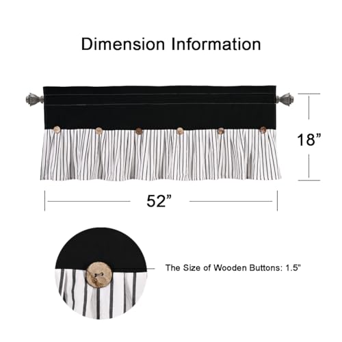 DOSLY IDÉES Farmhouse Rustic Black Cotton Valance, Black Striped Pleated Design with Coconut Buttons, Multi-Room Window Treatment for Kitchen Living Room Bedroom, 52" W x 18" L - color: Black & Black Stripede, size: 52"W x 18"L (Pack of 1)