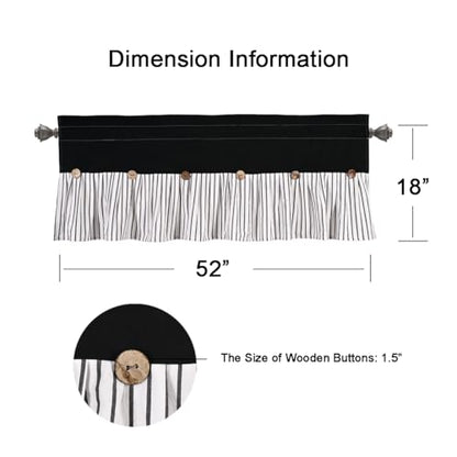 DOSLY IDÉES Farmhouse Rustic Black Cotton Valance, Black Striped Pleated Design with Coconut Buttons, Multi-Room Window Treatment for Kitchen Living Room Bedroom, 52" W x 18" L - color: Black & Black Stripede, size: 52"W x 18"L (Pack of 1)