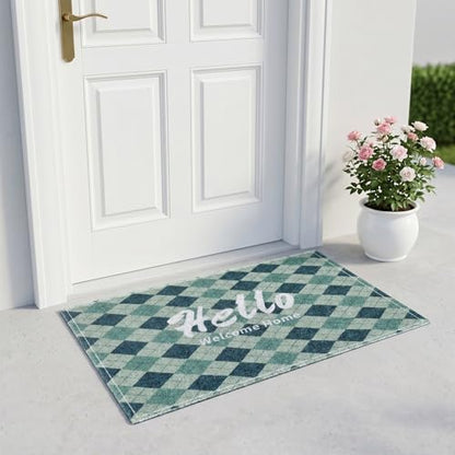 Green Plaid Washable Door Mat 20x30 Inch - color: Green Diamond Pattern
