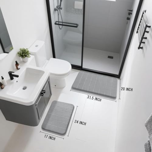 Yimobra Memory Foam Bathroom Rugs Sets 2 Piece - Super Soft Absorbent Quick Dry Bath Mat Set, Machine Washable Non Slip Floor Carpet for Tub Shower & Single Sink (17x24 & 31.5x20 Inch, Gray) - color: Grey, size: 31.5x20+24x17 Inch