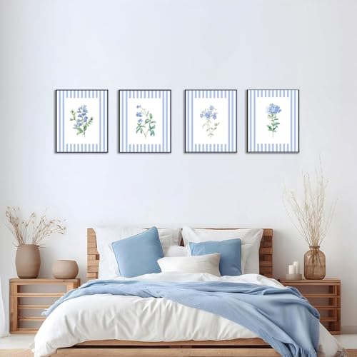 BWDDWB Blue Floral wall art set of 4 Vintage Blue and White Striped Floral Rustic Cottagecore Botanical Posters Canvas Prints Pictures for Home Bedroom Living Room Girls Dorm Wall Decor 8x10 Unframed - color: Blue Floral, size: 10"L x 8"W