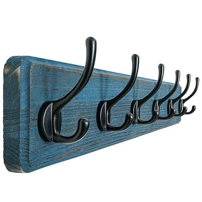 Dseap Coat Rack Wall: 24" Long, Patented, Heavy-Duty, 6-Double-Hooks Wooden Wall Mounted Coat Rack Coat Hanger Hook Rail for Winter Coats Hat Jacket Clothing, Weathered Blue - color: Weathered Blue & Black, size: L=24"(1pcs)