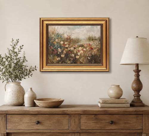 vineolect Vintage Gold Framed Wall Art Wildflower Landscape Painting Floral Cottagecore Nature Country Picture Wall Decor Aesthetic Artwork for Living Room Bedroom Kitchen Bathroom 9''x11'' - color: Colorful Wildflower Field, size: 11"L x 9"W