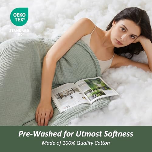 EMME Muslin Cotton Blanket Adults Heather Sage Green Throw XL 50"x70" - color: 09 - Sage Green, size: Large Throw (50" X 70")