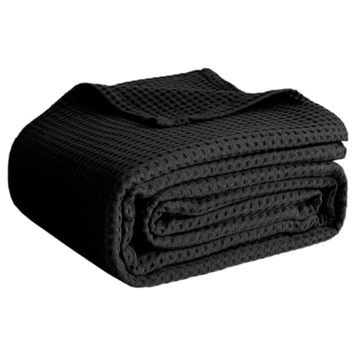 100% Cotton Blankets for Bed - Waffle Weave Blankets for Summer, Lightweight and Breathable Soft Woven Blanket for Spring (Black, Twin (60" x 90")) - color: Black, size: Twin (60" x 90")