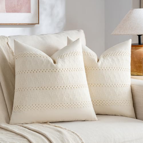 Fancy Homi Set of 2 Boho Cream Decorative Throw Pillow Cover 16x16 Inch for Couch Bed Sofa, Aesthetic Modern Organic Farmhouse Home Decor, Soft Cotton Cute Accent Macrame Woven Cushion Case - color: Cream, size: 16" x 16" (Pack of 2)