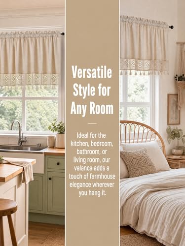 Molaxhome Linen Valances for Windows Boho Kitchen Valance Window Treatments - color: Beige, size: 59"W x 24"L (Pack of 1)