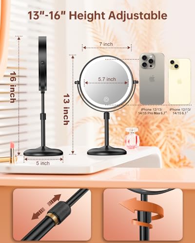 7" Lighted Makeup Mirror with Magnification 10X, Height Adjustable,3 Lights - color: Black