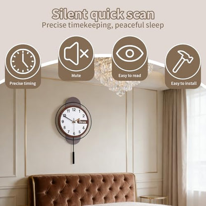 Large Wall Clock Acrylic Wood Silent Battery with Pendulum,12.6x22.8in - color: 6789-black