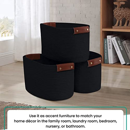 3 Pack Woven Cotton Rope Storage Basket, 15x10x9, Black - color: Black