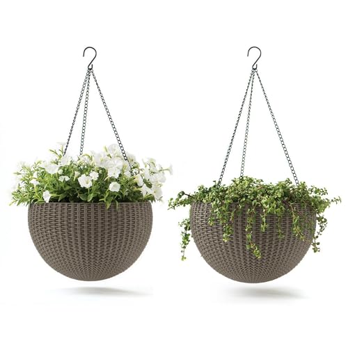 Keter Resin Rattan Set of 2 Round Hanging Planter Baskets for Indoor and Outdoor Plants-Perfect for Porches and Patio Decor, Cappuccino - color: Taupe