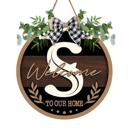 Monogram Letter S Front Door Sign, Welcome to Our Home Family Last - color: S