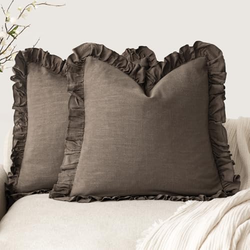 Foindtower Linen Fringe Ruffle Throw Pillow Covers 18×18 Inch Dark Brown - color: Dark Brown, size: 18" x 18" (Pack of 2)